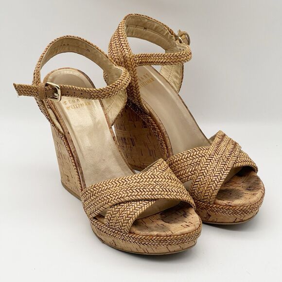 Stuart Weitzman Minx Tan Woven Leather Ankle Strap Cork Wedge Sandals Women’s 7 - Picture 2 of 16